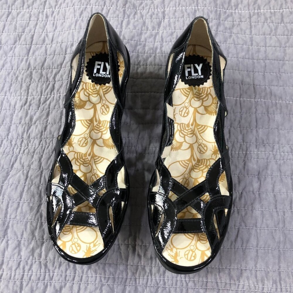Fly London Wedge Size 41 EU 10 US Yadi Interwoven Straps Peep Toe Black Patent - Picture 4 of 13